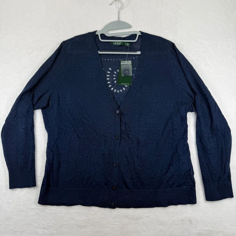 Lauren Ralph Lauren Indigo Blue Linen Blend Eyelet Back Cardigan Sweater 2X NEW